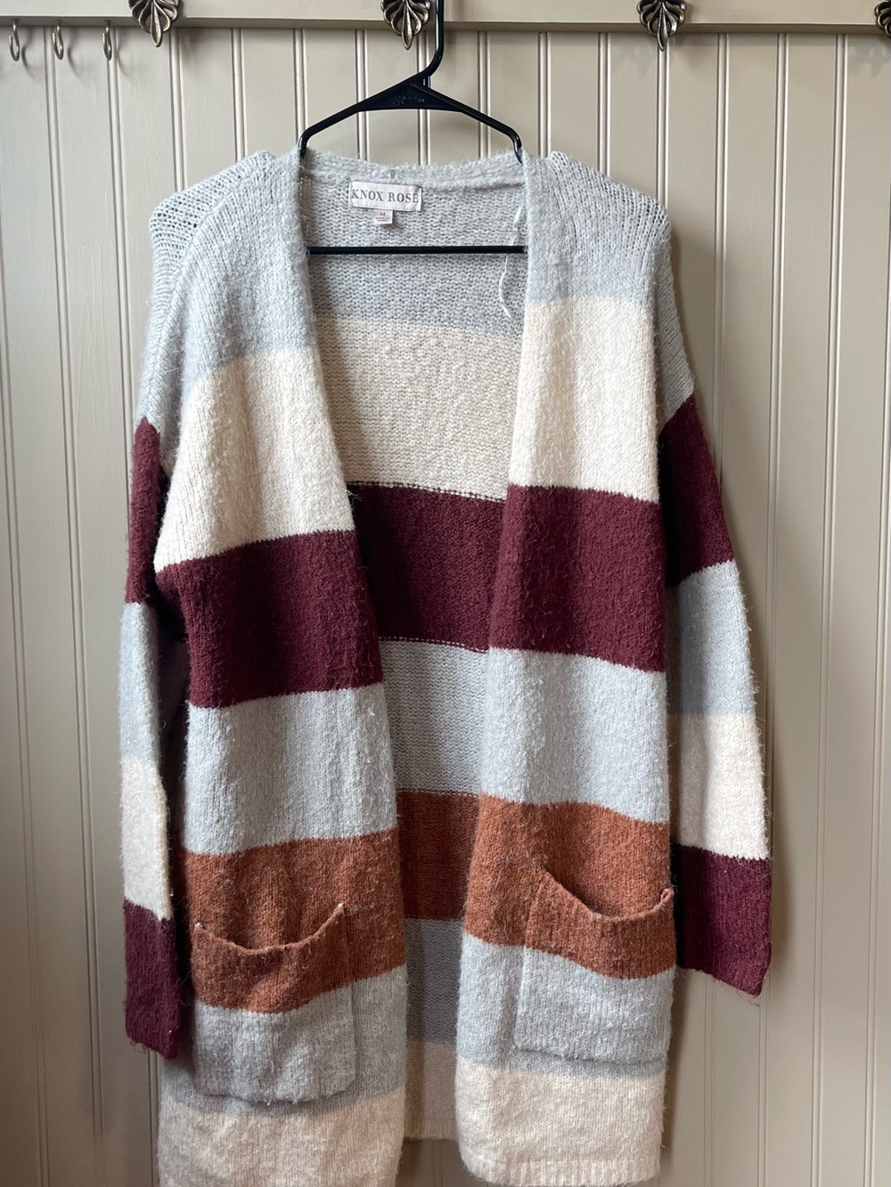 Knox Rose Cream, Gray, Burgundy & Rust Striped Open Cardigan